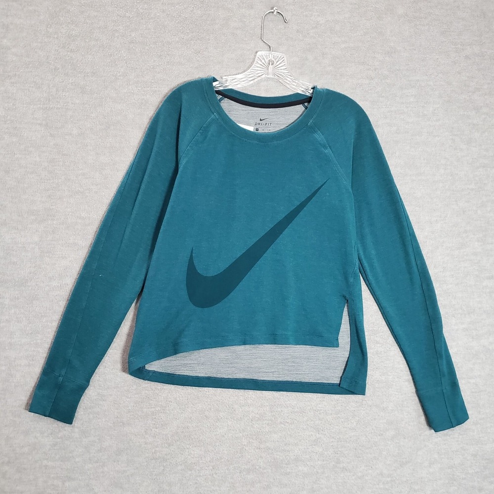 Nike Women Sweatshirt Medium Blue Logo Big Swoosh Long Sleeve Slit Hem
